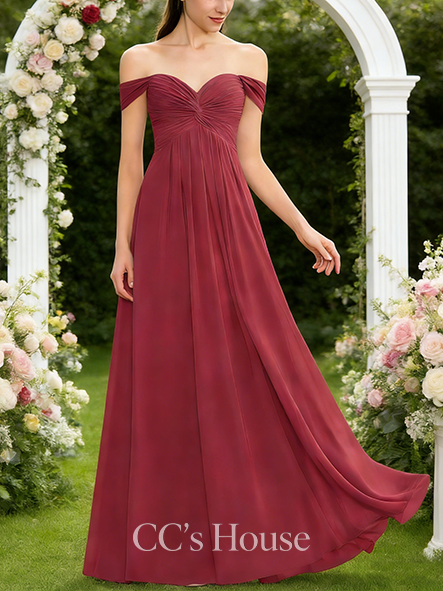 New Arrival A-line Gorgeous Off the Shoulder Floor-Length Chiffon Bridesmaid Dress With Ruffle Ruched