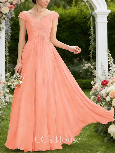 Plus Size A-line Lovely Off the Shoulder Floor-Length Chiffon Lace Bridesmaid Dress With Ruffle