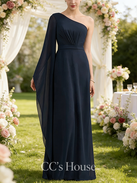 Junior A-line Striking One Shoulder Floor-Length Chiffon Bridesmaid Dress With Ruffle Black and White