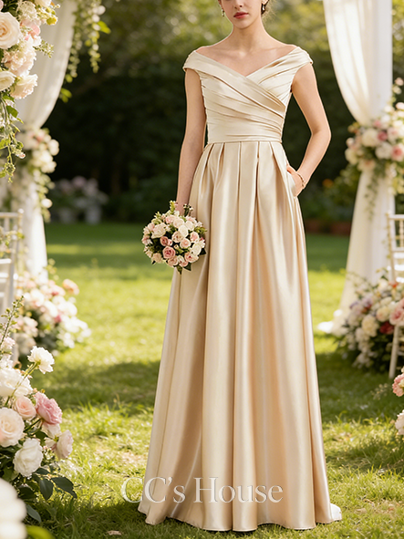 A-line Glam Off the Shoulder Floor-Length Satin Bridesmaid Dress With Ruffle