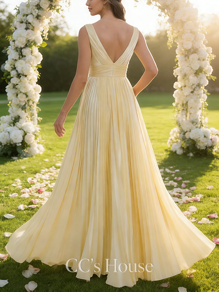 A-line Sleek V-Neck Floor-Length Stretch Satin Bridesmaid Dress With Pleated