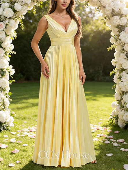 A-line Sleek V-Neck Floor-Length Stretch Satin Bridesmaid Dress With Pleated