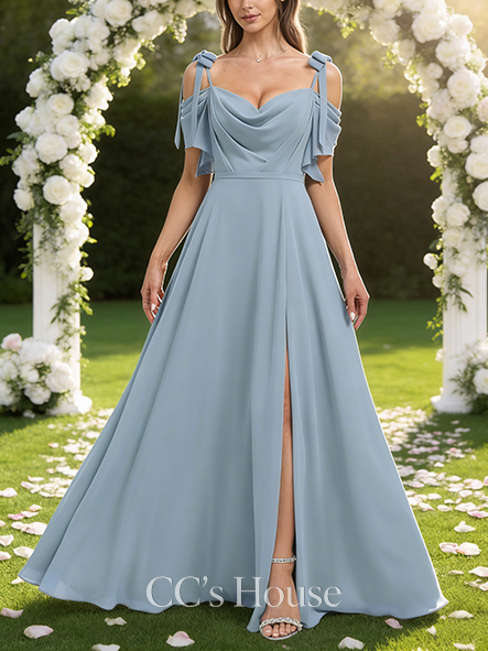 A-line Adorable Cold Shoulder Floor-Length Chiffon Bridesmaid Dress With Bow A-line Adorable Cold Shoulder Floor-Length Chiffon Bridesmaid Dress With Bow