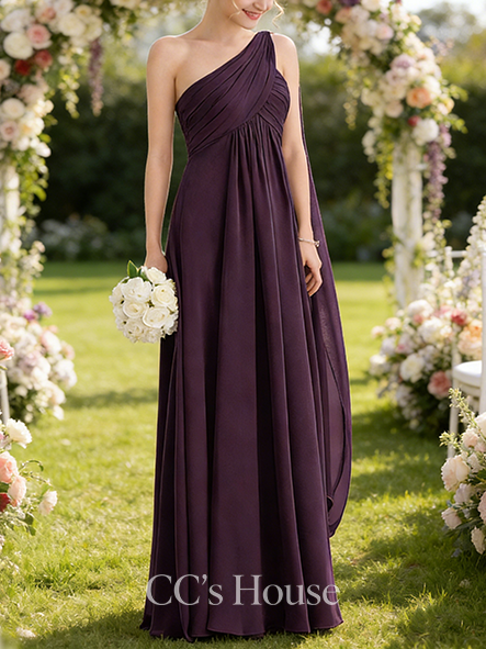 New Arrival A-line Captivating One Shoulder Floor-Length Chiffon Bridesmaid Dress With Ruffle Black and White