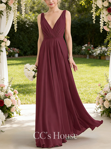 New Arrival A-line Neat V-Neck Floor-Length Chiffon Bridesmaid Dress With Pleated
