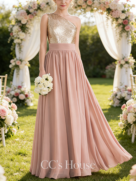 Junior A-line Shimmery One Shoulder Floor-Length Chiffon Sequin Bridesmaid Dress
