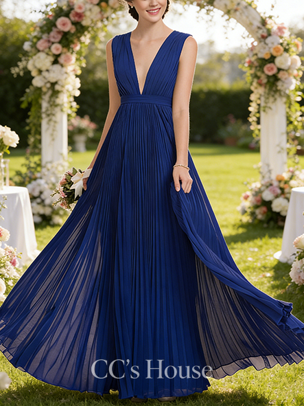 A-line Cute V-Neck Floor-Length Chiffon Bridesmaid Dress With Bow Pleated