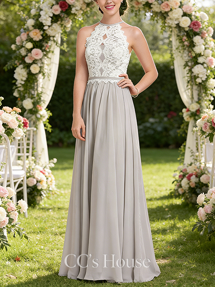 Junior A-line Dreamy Scoop Floor-Length Lace Chiffon Bridesmaid Dress