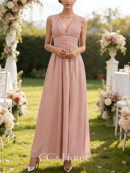 New Arrival A-line Structured V-Neck Floor-Length Chiffon Bridesmaid Dress With Pleated