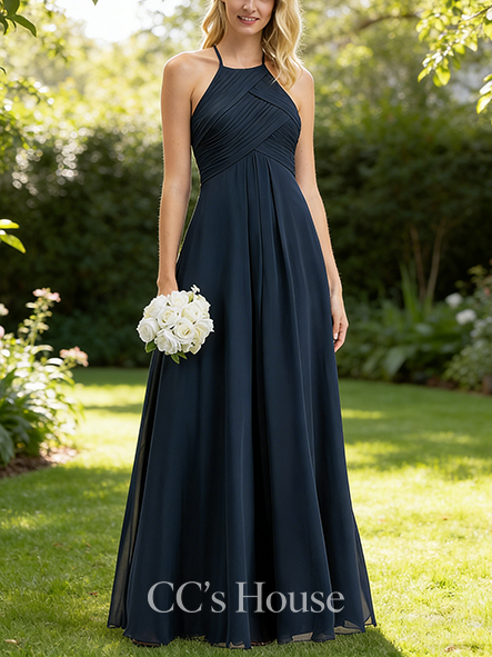 Plus Size A-line Refined Scoop Floor-Length Chiffon Bridesmaid Dress With Pleated
