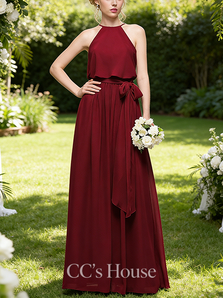 Plus Size A-line Cute Scoop Floor-Length Chiffon Bridesmaid Dress With Bow