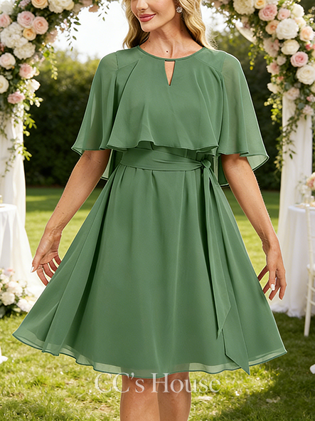 Junior A-line Graceful Scoop Knee-Length Chiffon Bridesmaid Dress With Cape