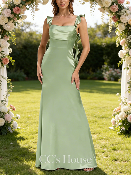 Junior A-line Smooth Cowl Floor-Length Stretch Satin Bridesmaid Dress With Ruffle