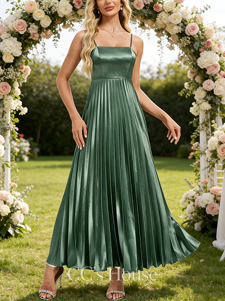 Junior A-line Tailored Square Ankle-Length Stretch Satin Bridesmaid Dress With Pleated