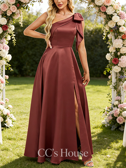 A-line Dazzling One Shoulder Floor-Length Satin Bridesmaid Dress With Bow