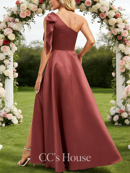 Maternity Friendly A-line Dazzling One Shoulder Floor-Length Satin Bridesmaid Dress With Bow