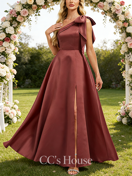 Maternity Friendly A-line Dazzling One Shoulder Floor-Length Satin Bridesmaid Dress With Bow