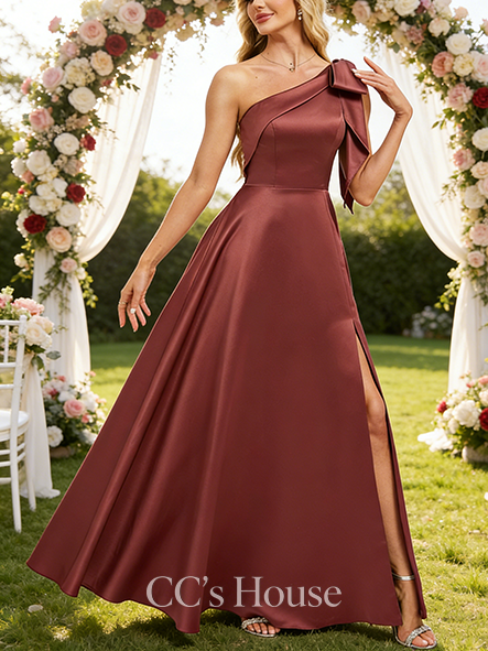 Maternity Friendly A-line Dazzling One Shoulder Floor-Length Satin Bridesmaid Dress With Bow
