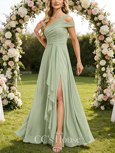 Under $100 A-line Lightweight One Shoulder Floor-Length Mesh Bridesmaid Dress With Ruffle
