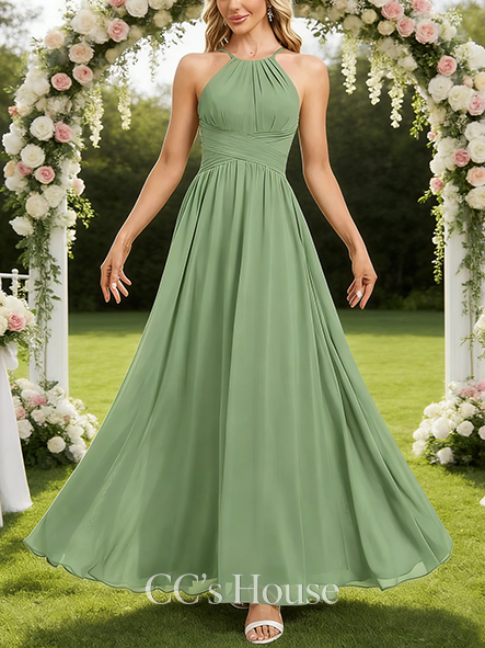 Under $100 A-line Ethereal Halter Floor-Length Chiffon Bridesmaid Dress