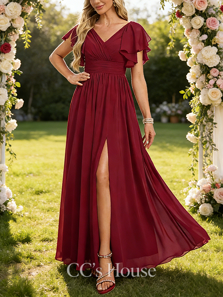 A-line Romantic V-Neck Floor-Length Chiffon Bridesmaid Dress With Ruffle