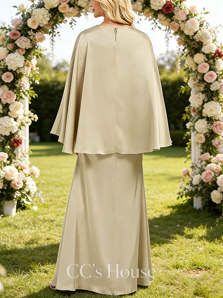 A-line Luxurious V-Neck Floor-Length Matte Satin Bridesmaid Dress With Cape