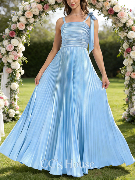 New Arrival A-line Structured Square Floor-Length Stretch Satin Bridesmaid Dress With Bow Pleated