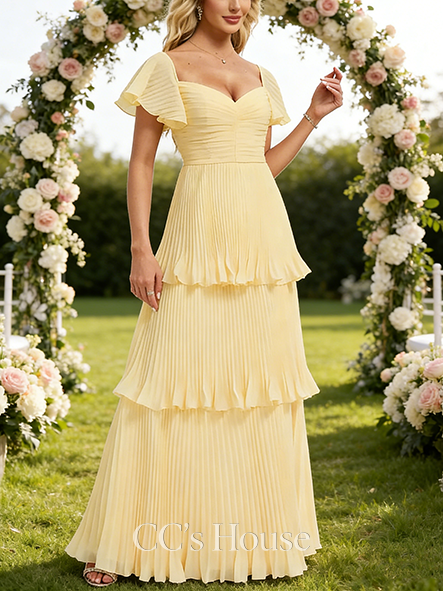 A-line Polished V-Neck Floor-Length Chiffon Bridesmaid Dress With Pleated