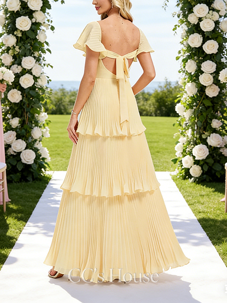 A-line Polished V-Neck Floor-Length Chiffon Bridesmaid Dress With Pleated