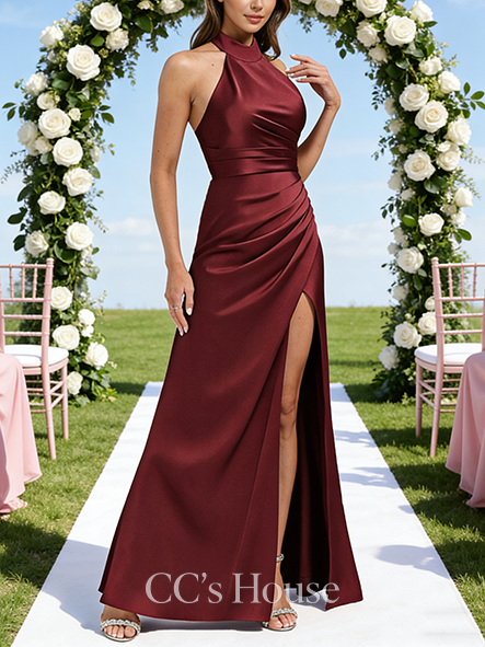 Plus Size A-line Matte-Finish Halter Floor-Length Matte Satin Bridesmaid Dress With Ruched