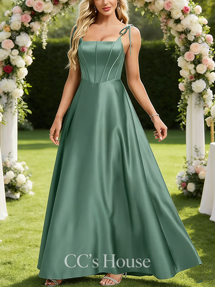 Under $100 A-line Shiny Square Floor-Length Satin Bridesmaid Dress