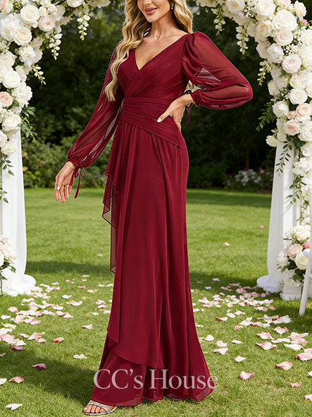 A-line Lightweight V-Neck Floor-Length Mesh Bridesmaid Dress With Ruffle