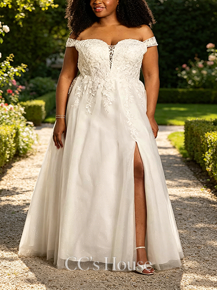 Romantic Off-the-Shoulder Tulle Appliqued Ball Gown