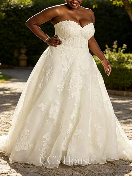 Dreamy Strapless 3D Floral Organza Wedding Dress