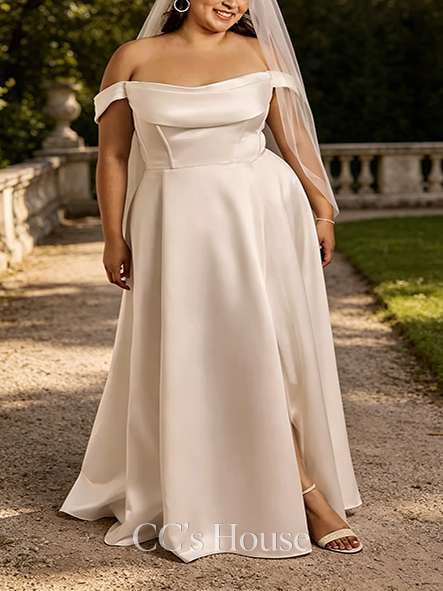 Elegant Off-the-Shoulder Cowl Neckline Satin Wedding Dress