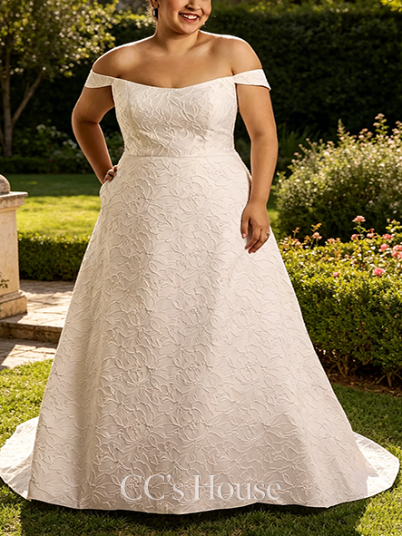 Luxurious Jacquard Off-the-Shoulder Ball Gown Wedding Dress