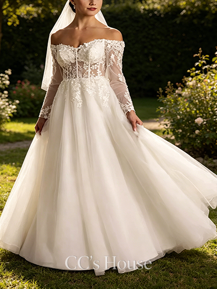 Graceful Off-the-Shoulder Long Sleeve Appliqued Ball Gown