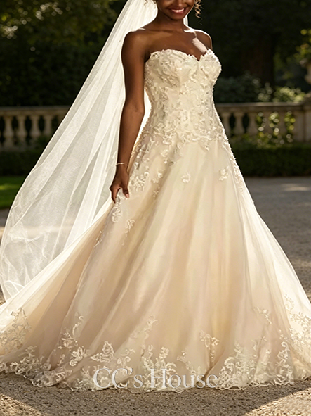 Glam Beaded Lace and Tulle Ball Gown Wedding Dress