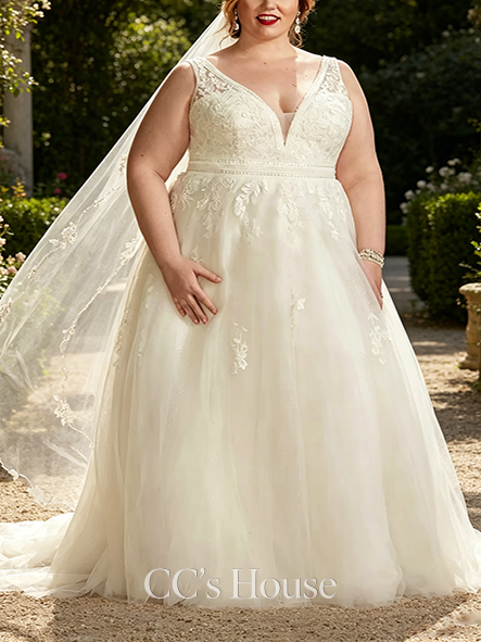 V-Neck Embroidered V-Neck Wedding Dress with Tulle Skirt