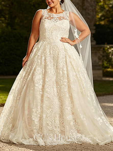 Pleated-Skirt Beaded Lace Wedding Dress with Pleated Skirt