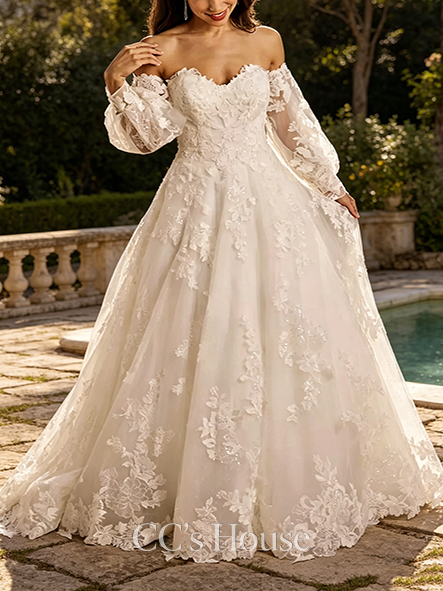 Versatile Lace Applique Gown with Removable Billow Sleeves