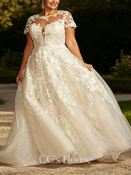 Cap-Sleeve Lace Illusion Cap Sleeve Ball Gown Wedding Dress