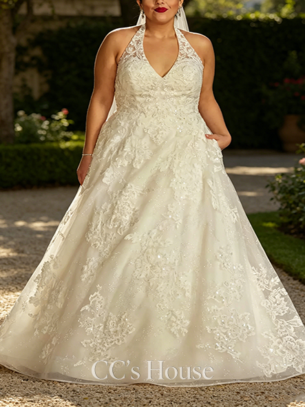 Halter V-Neck Halter Beaded Lace Ball Gown Wedding Dress