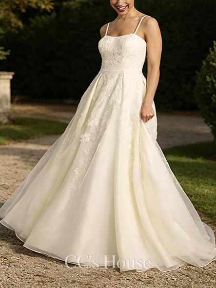 Pretty Spaghetti Strap Lace Applique Tulle Ball Gown