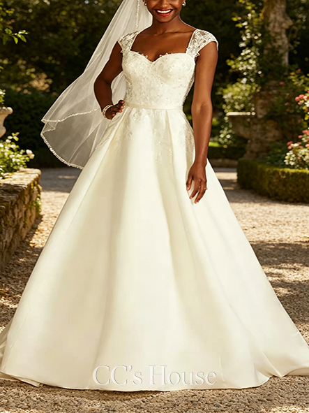 Short-Sleeve Lace Applique Cap Sleeve Satin Wedding Dress