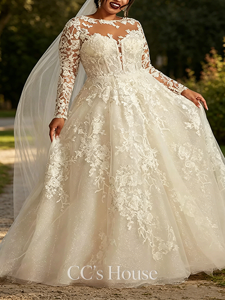 Full-Sleeve Lace Illusion Long Sleeve Ball Gown Wedding Dress