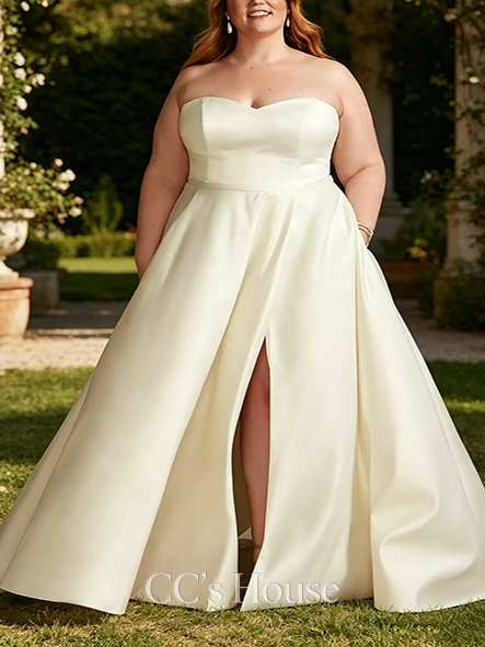 Slit-Skirt Strapless Satin Wedding Dress with Slit