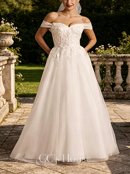 Stylized Applique Ball Gown Off-the-Shoulder Wedding Dress