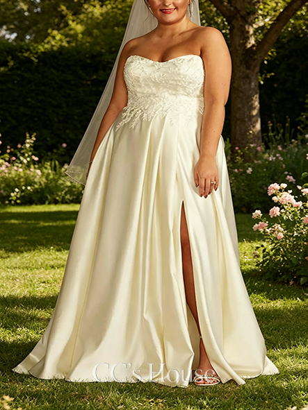 Gorgeous Embroidered Pleated Satin Ball Gown Wedding Dress