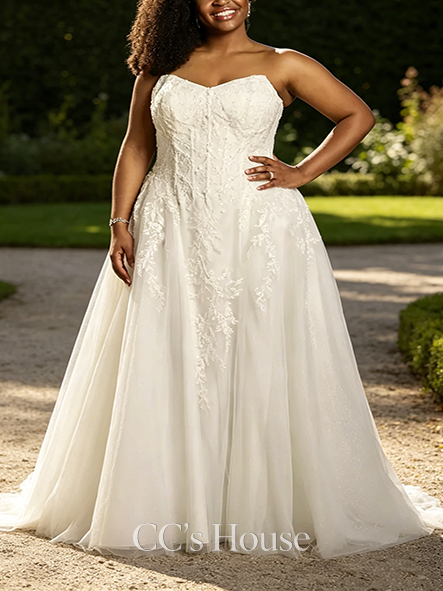 Chic Strapless Lace Applique Basque Waist Ball Gown